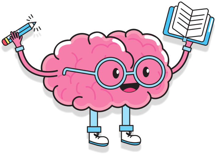 Picture of a floating brain carrying a book and a pencil